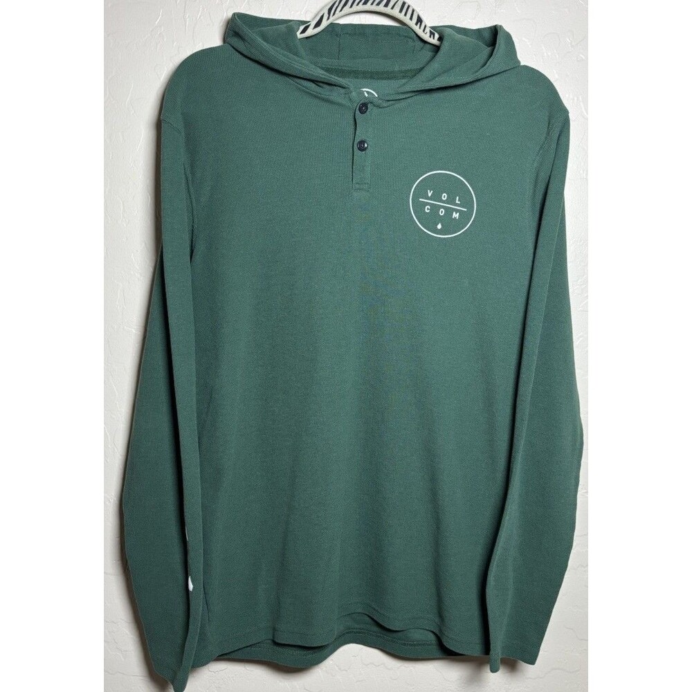 Volcom Mens M Green Waffle Knit Thermal Henley Hoodie Long Sleeve Skate Surf